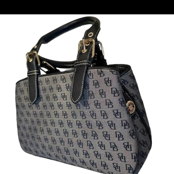 VINTAGE Dooney & Bourke Black Leather Gray Canvas Shoulder Bag Medium Size - Picture 3 of 11